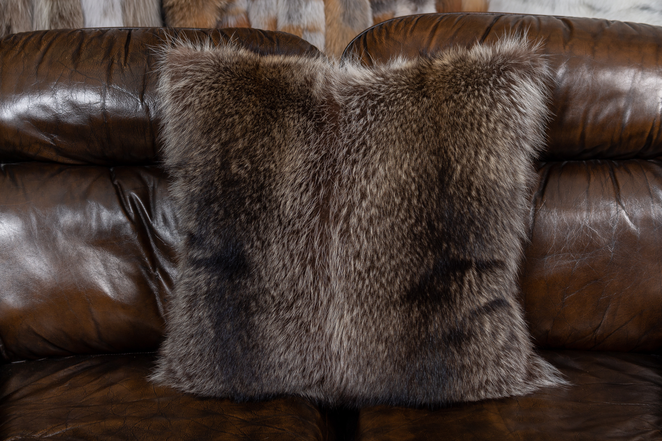 1-2198-Waschbaer-Fellkissen-doppelseitig-Fell-Echtpelz Waschbär Fellkissen mit doppelseitig Fell