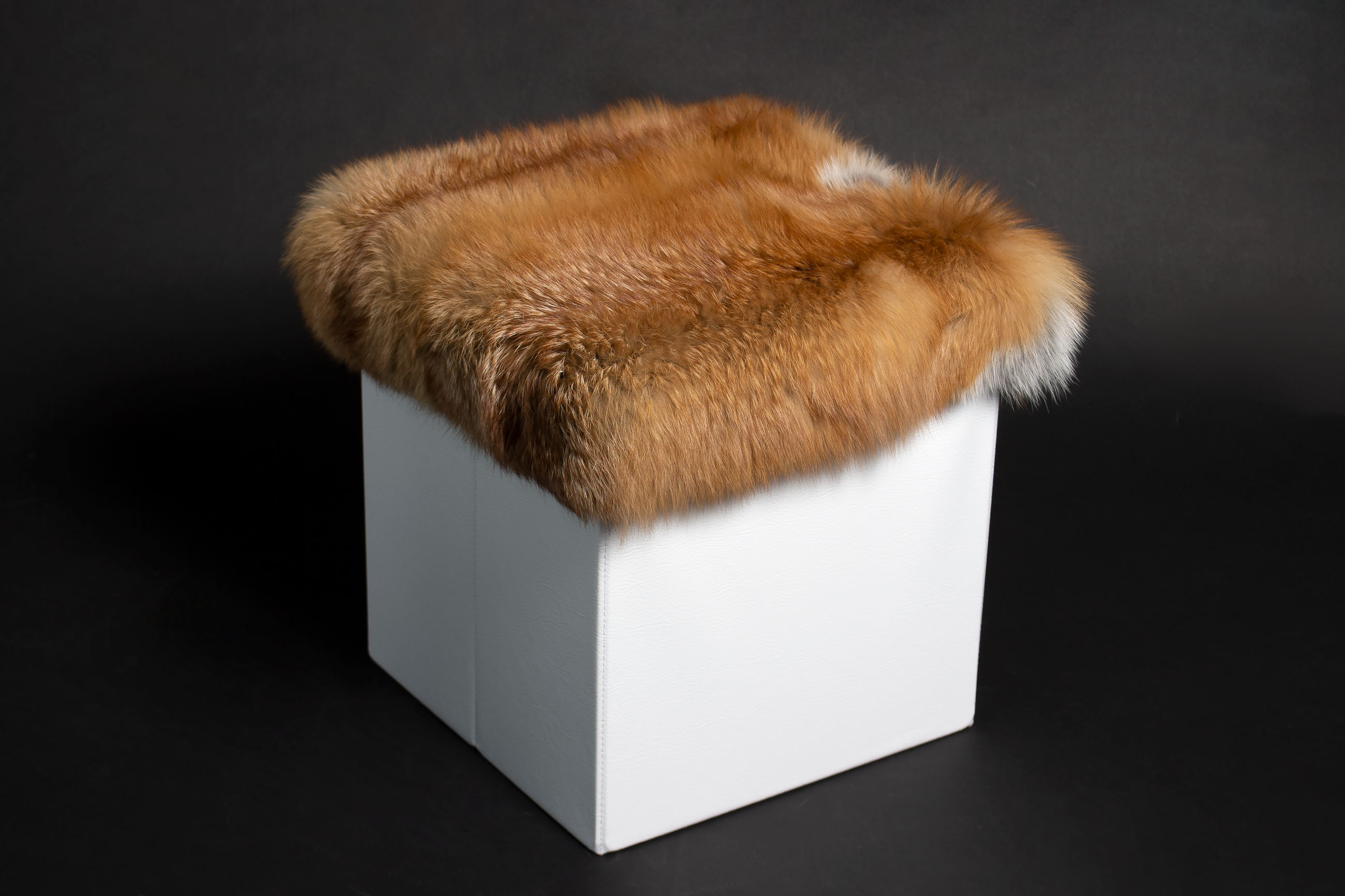 1-4592-Sitzhocker-kanadischem-Rotfuchs-Stauraum-Lars-Paustian Sitzhocker mit kanadischem Rotfuchs Echtfell und Stauraum